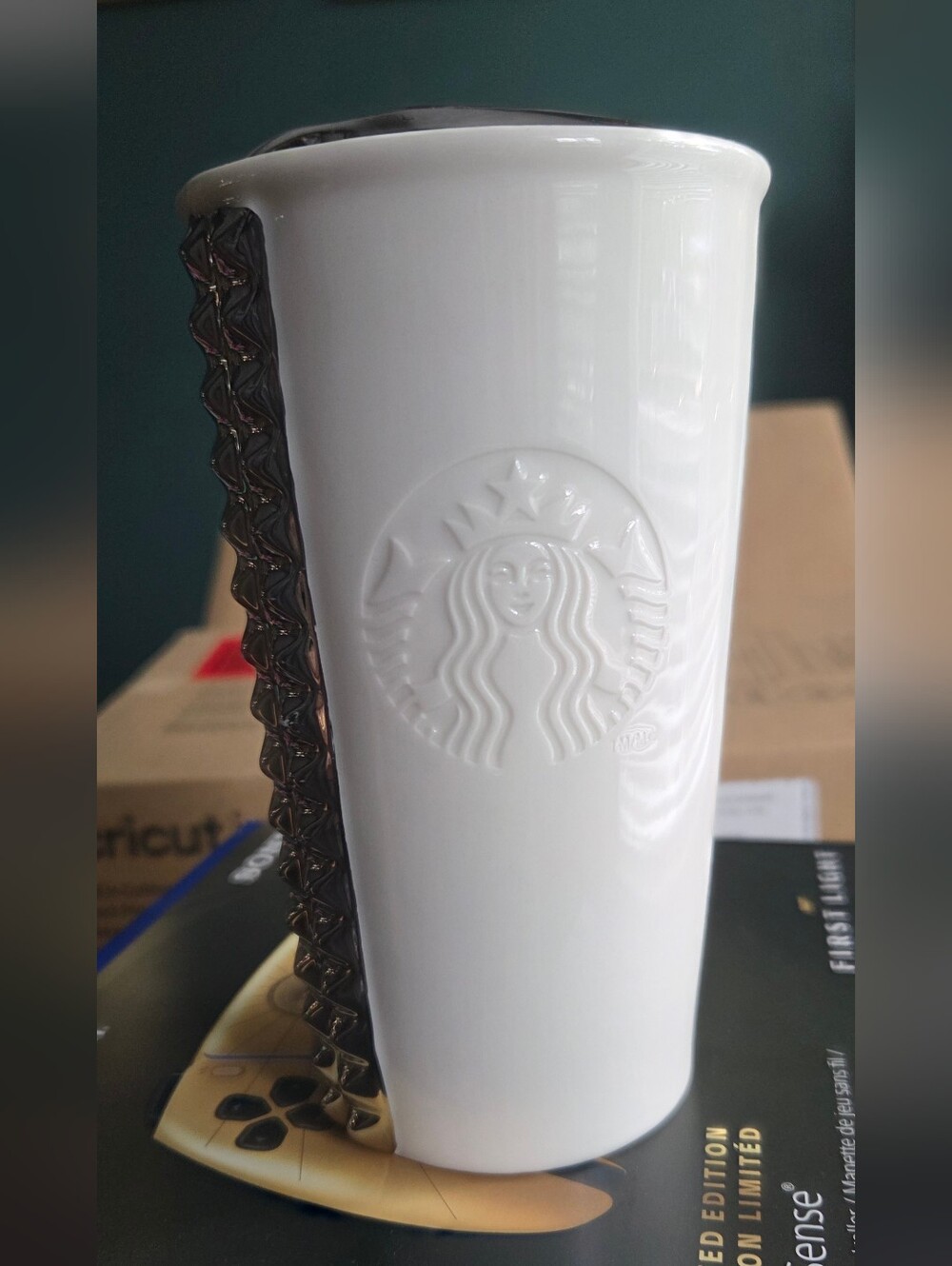 Starbucks White And Chrome Ceramic Studded Travel Tumbler